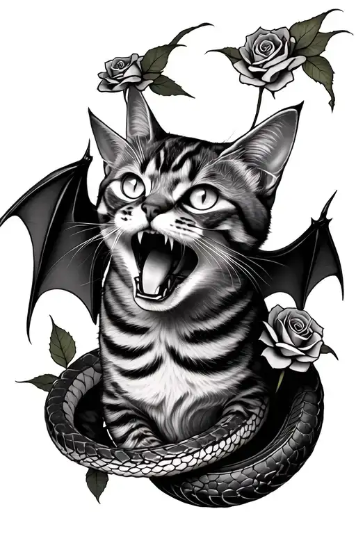 cat with white eyes, horns, mouth open showing sharp teeth, bat wings, entwined with snake and rose tattoo design idea