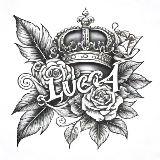 the name luca with flowers and crown tattoo design idea