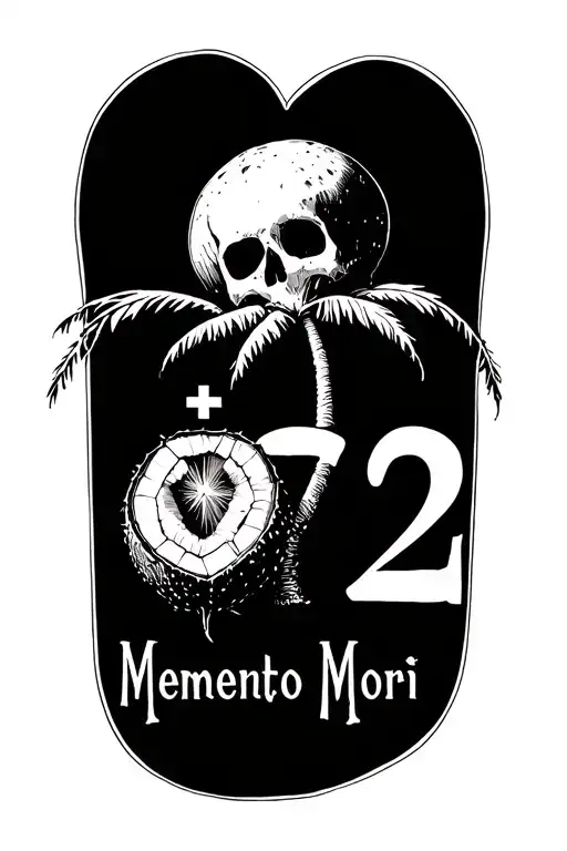 "Memento Mori" "Memento Mori" nurse symbol combined with number 972 and a coconut tree tattoo design idea