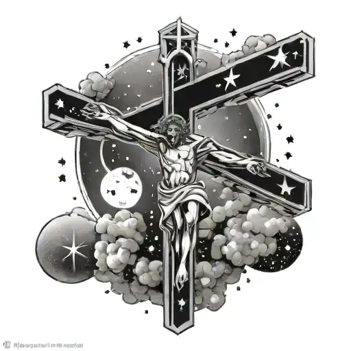 717, ♋️, ♊️, stars and moon, crucifix tattoo design idea