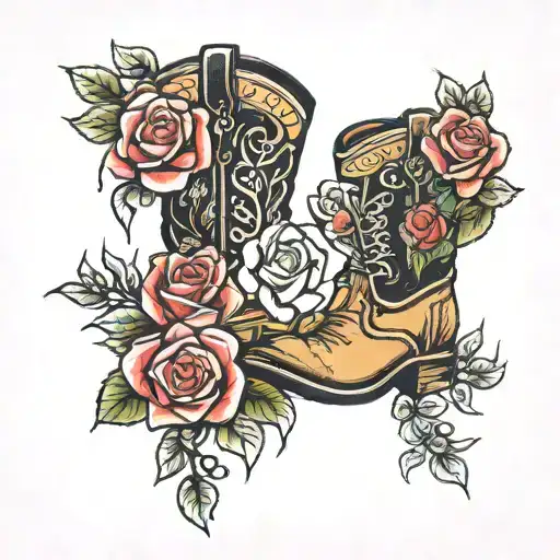 cowboy boots and roses intertwined tattoo design idea