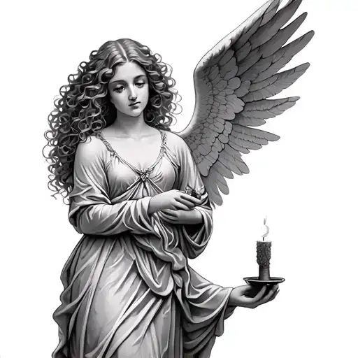 female tan curly hair angel holding a candle tattoo design idea