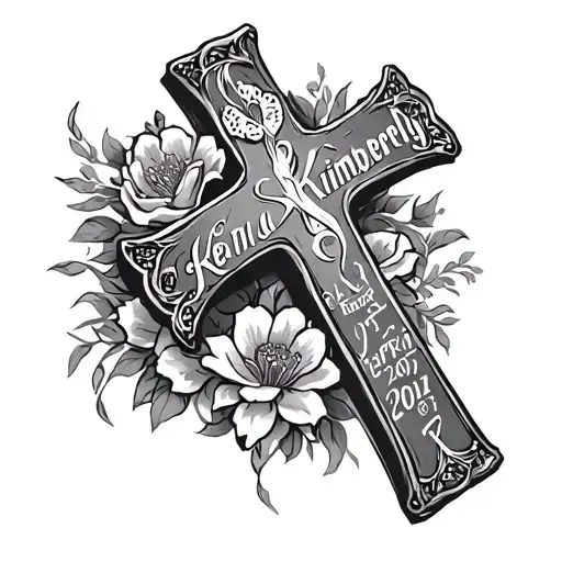 cross tatoo with the date april 1st, 2007 and the name Ken and Kimberly tattoo design idea