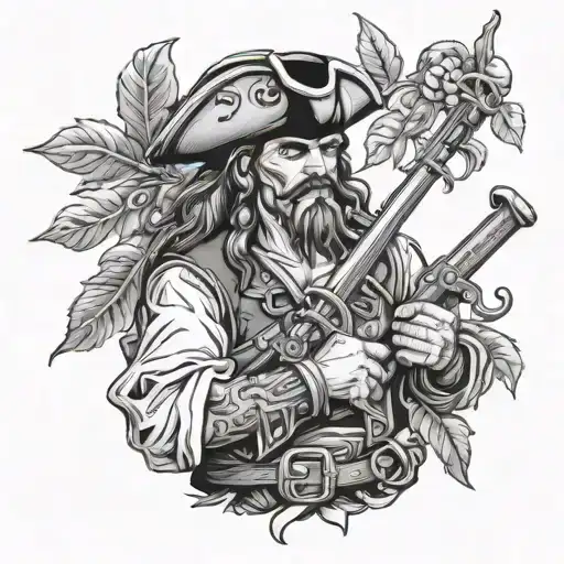 pirate with a musket in his hand a branch of weaving leaves tattoo design idea