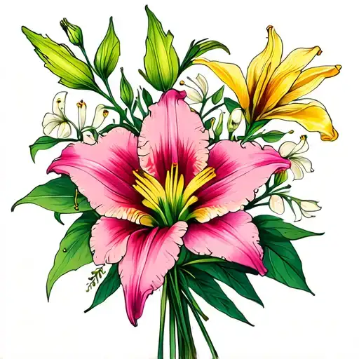 daylily and honeysuckle bouquet tattoo design idea