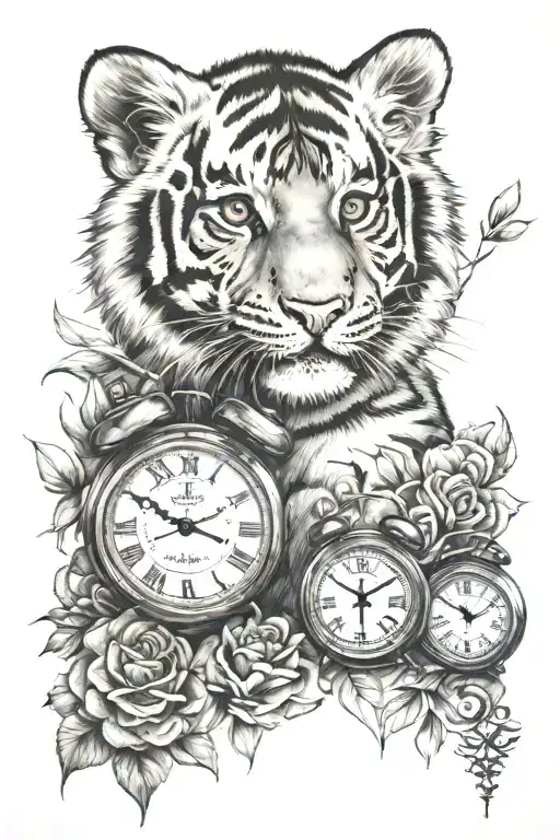 tiger cub and 2 clocks tattoo design idea