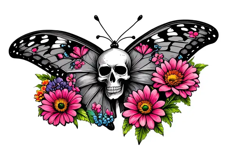colorful rotting butterfly with skull face an flowers tattoo design idea