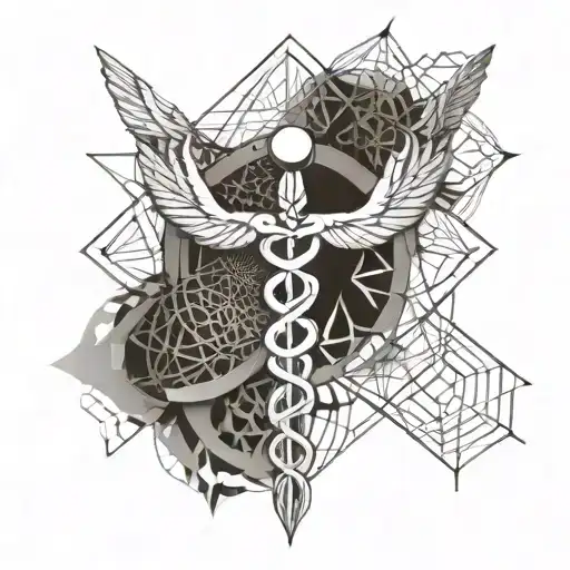 caduceus in the foreground, abstract sacral geometry in the background tattoo design idea