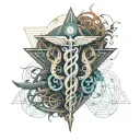 caduceus in the foreground, abstract sacral geometry in the background tattoo design idea