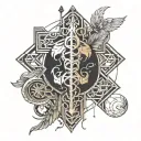 caduceus in the foreground, abstract sacral geometry in the background tattoo design idea