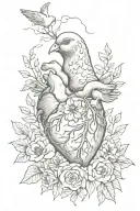 human heart diagram with flowers growing out of it and a dove flying tattoo design idea