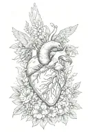 human heart diagram with flowers growing out of it and a dove flying tattoo design idea