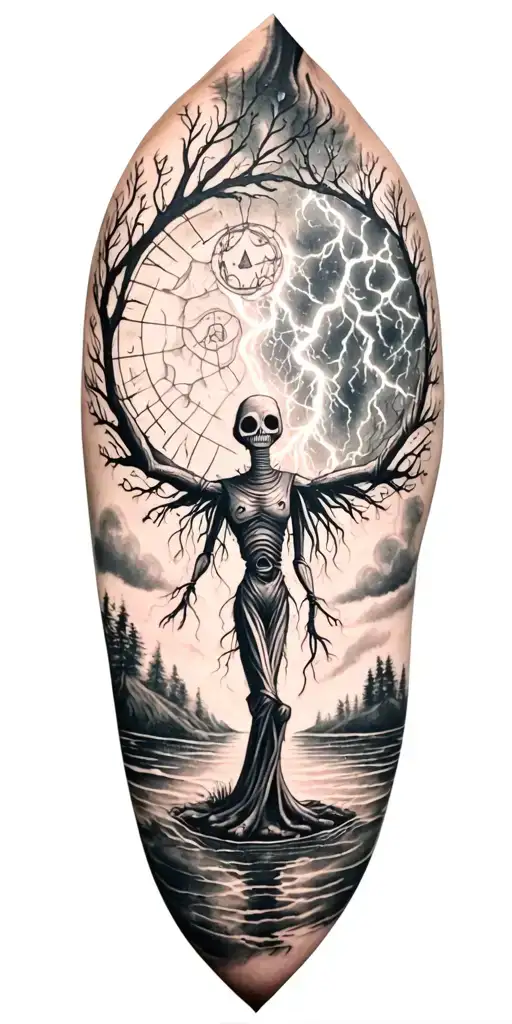 fabric voodoo doll and lightining storm and vegvisir and nature tattoo design idea