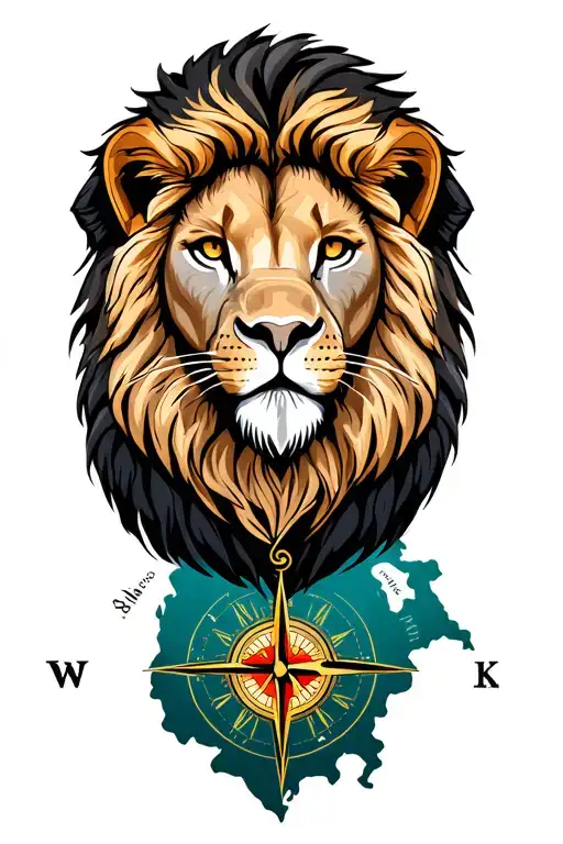 Lion compass viking map mountain terrain filled tattoo design idea