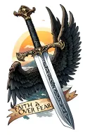 sword with wings spread and text "FAITH OVER FEAR" tattoo design idea