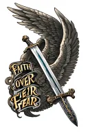 sword with wings spread and text "FAITH OVER FEAR" tattoo design idea