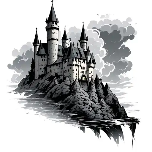 castle with storm tattoo design idea