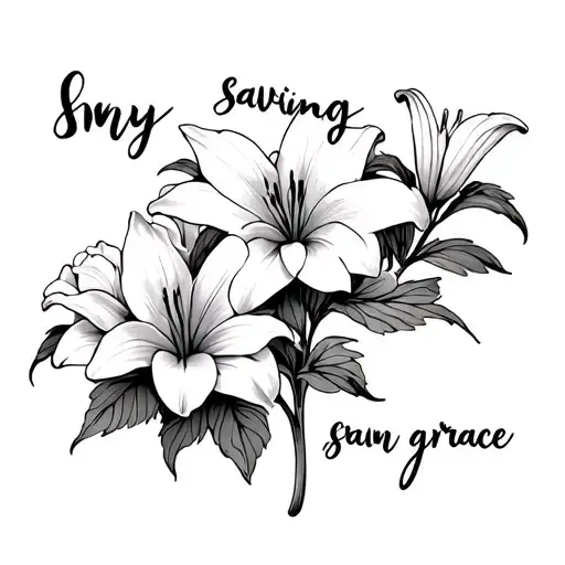 Lillies, hydrangeas flowers with writing “my saving grace” in cursive written in the stem. tattoo design idea