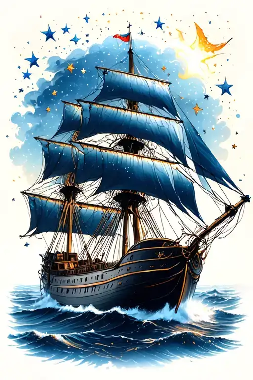 clipper ship sailing through the sea under the stars  tattoo design idea