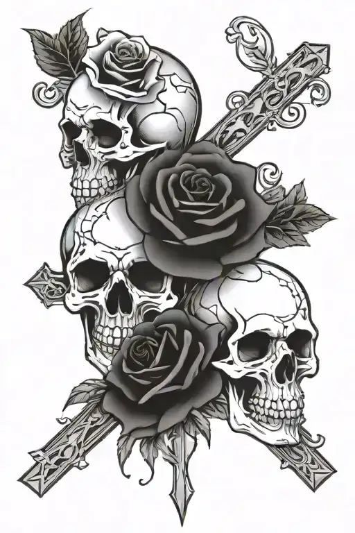 skulls with a rose wrapped in a cross tattoo design idea