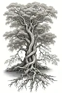 willow tree upside down with roots interwined tattoo design idea