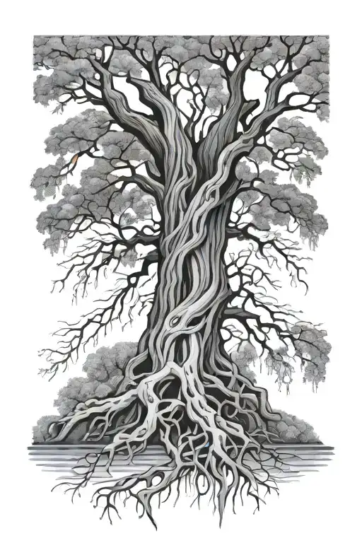 willow tree upside down with roots interwined tattoo design idea