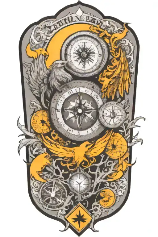 a representation of child being protected through his journey in life using trees, compass, phoenix and time tattoo design idea