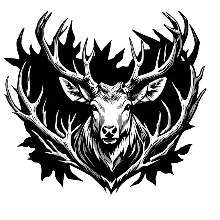  stag head with tree branches in irish tribal symbols tattoo design idea
