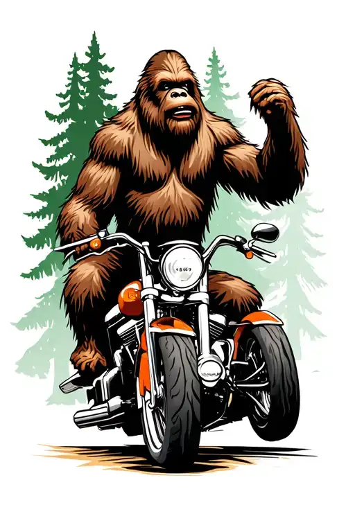 Sasquatch riding a harley street glide in the forest tattoo design idea