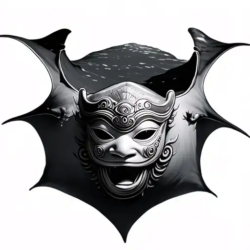 realistic manta ray swimming with shadow with barong mask on its back tattoo design idea