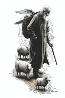 sheeps,old man walking, angel,old wife and old map tattoo design idea