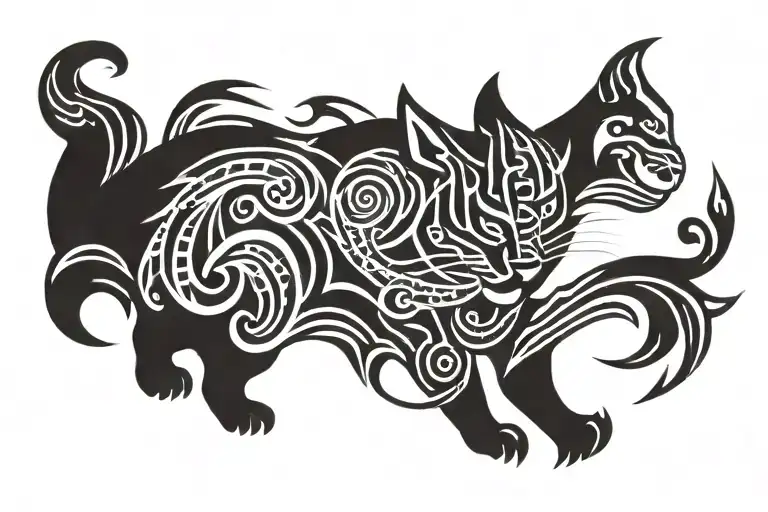 feline in the waves of the sea and sun tattoo design idea