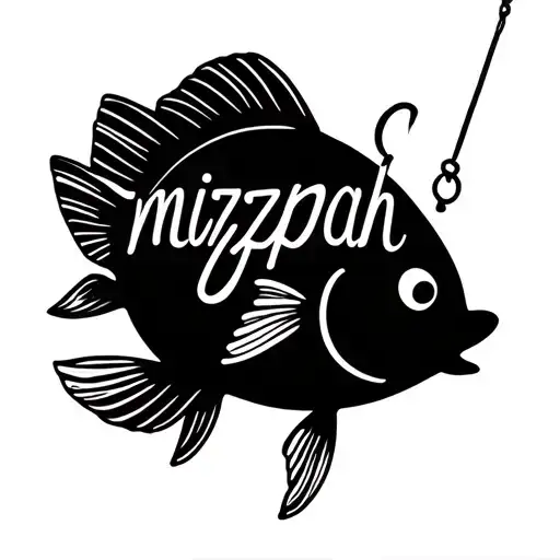 make a tattoo where the word "mizpah" is written in cursive as a fishing line hook that caugth a cute girly fish tattoo design idea