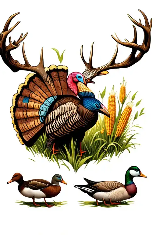 hunting, deer, turkey, goose, ducks, woods, corn field tattoo design idea