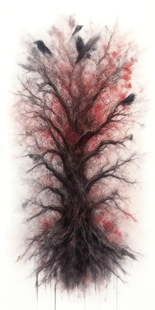 crooked scary looking tree wich gnarled and snapped branches. ravens perched amongst the branches roses weaving amongst tattoo design idea
