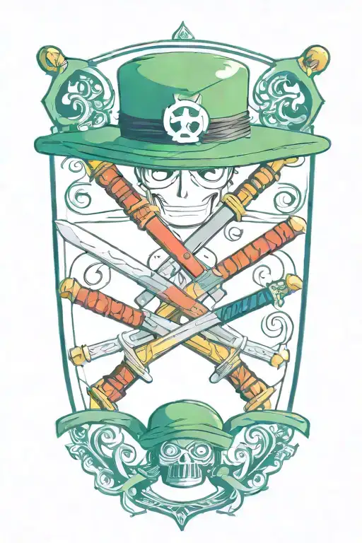Zoro's 3 swords from One Piece with Luffy's hat on one of the hilts tattoo design idea