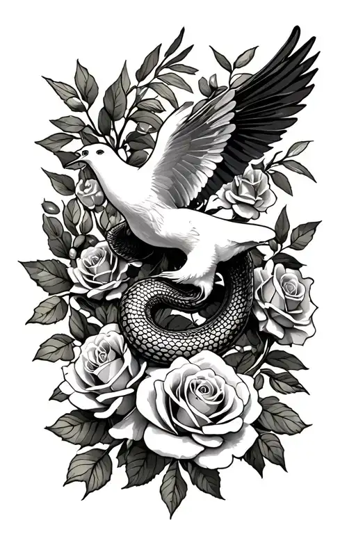 serpent and dove surrounded by roses and olive leaf  tattoo design idea