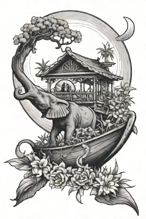 boat, ocean, moon, liberia, flowers, elephant, tombstone, hut tattoo design idea