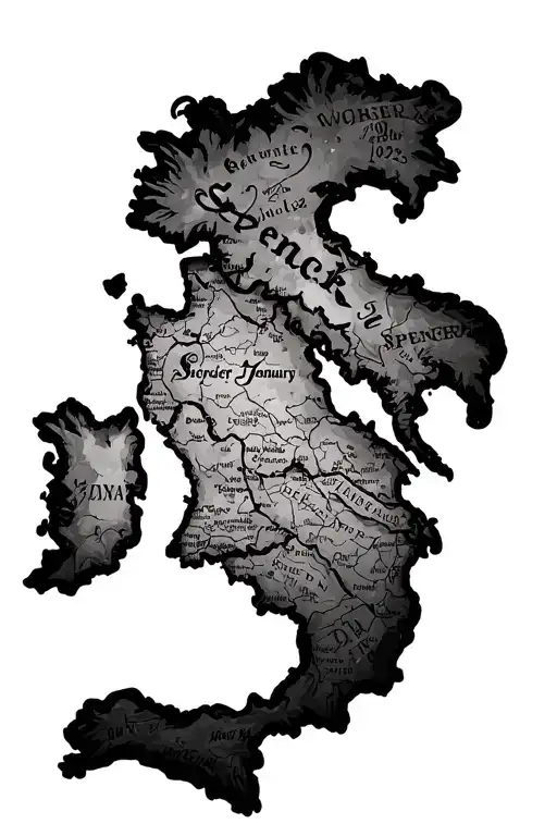 uncharted indiana jones style with map of Italy and Ireland, the name Spencer and january 10, 2025 in Roman numerals tattoo design idea