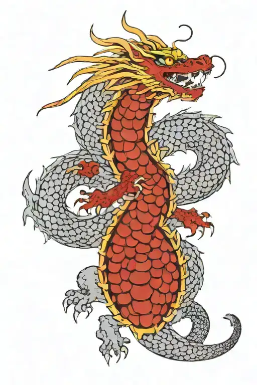 Japanese dragon with grey and black scales, a yellow belly, and red spikes along its back for the length of the dragon tattoo design idea