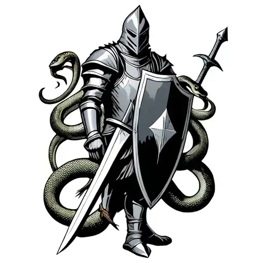 Standing Knight, sword, shield surrounded by snakes tattoo design idea