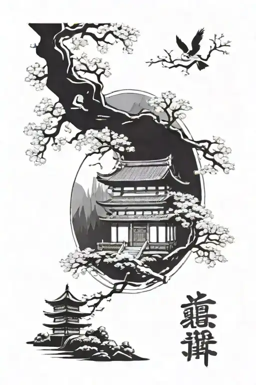 Japanese temple in the middle. at the bottom, half dead trees and the half blossom flower tattoo design idea