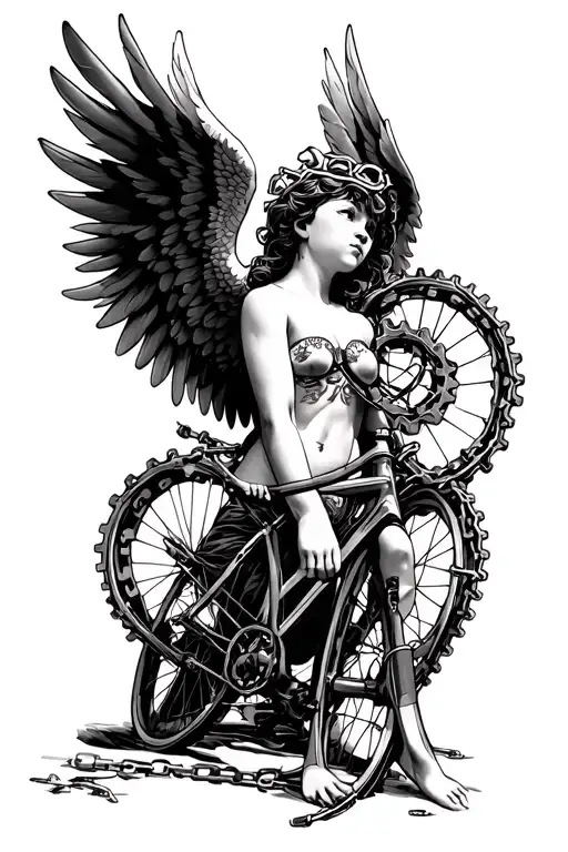 black and white tattoo of angel with feather wings staring up with the angel wrapped in bike chains with sprocket halo tattoo design idea