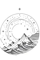 galaxy filled with stars, mountains, the ocean wave working together tattoo design idea