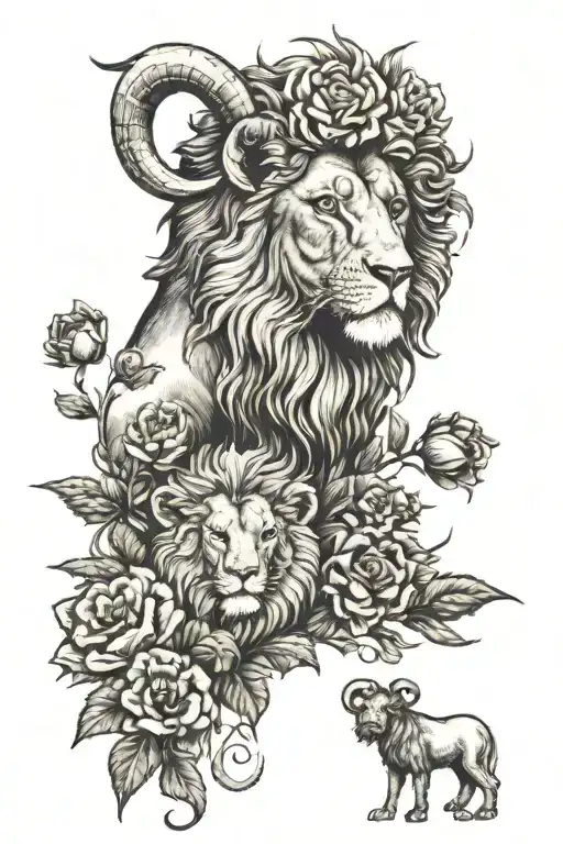 Aries sign head among growing flowers. And a lion ascending in the background. tattoo design idea
