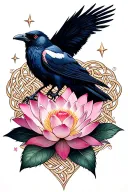 Celtic knotwork intertwined representing strength, lotus blooming pink, stars, crow tattoo design idea