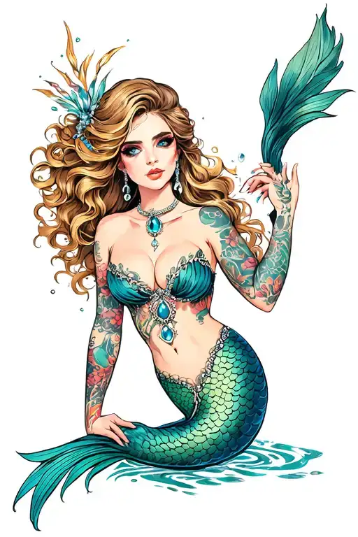 sultry full body mermaid, sexy eyes, glistening jewels, cleavage tattoo design idea