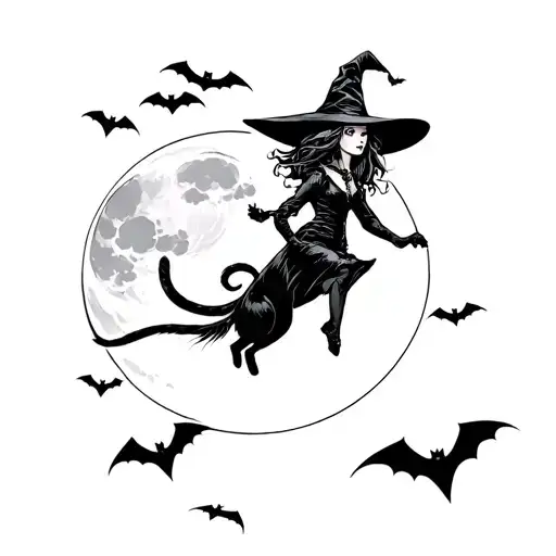 a witch flying with a black cat in the sky with a full moon in the background and bats tattoo design idea