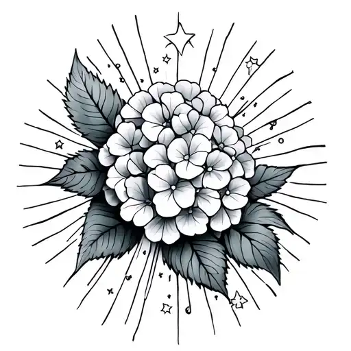 sunrays radiating outwards like sunbeams with small stars and hydrangea  tattoo design idea