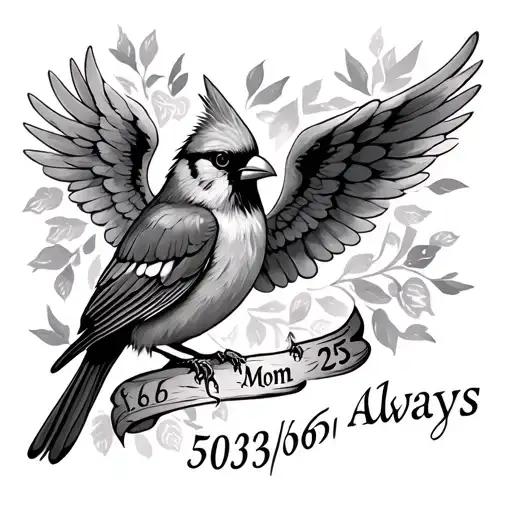 "Mom 5/03/66 to 3/05/25 always " Cardinal With Angel Wings tattoo design idea